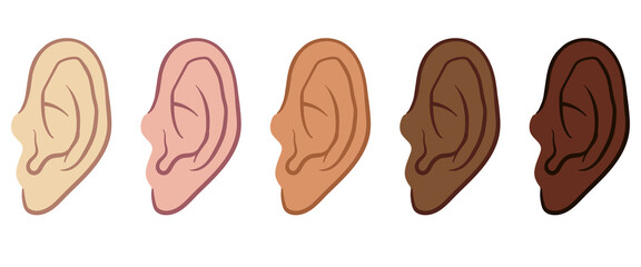 Set of Hand Drawn Ear Sketch Symbol with different skin color. Vector Listen Element In doodle Style isoleted on white.
