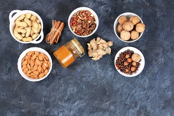 Obraz na płótnie Canvas Assortment of different nuts, the concept of healthy natural food, almonds, pecans, pistachios, cashews, walnuts and pine nuts, high-calorie food with vegetable protein , the basis of diet food,