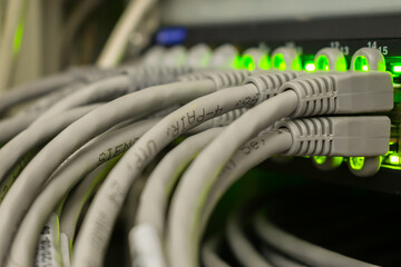 There are many subscriber Internet cables in the ports of the network router. A bunch of internet wires are connected to the server switch.