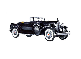 Collectible rarity retro car of black solid color on a white background. Watercolor poster.