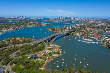 The Gladesville bridge and the  Parramatta river looking towards the city of Sydney, Australia.
