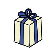 Cute doodle or sketch style gift box with bow and ribbons. Vector isolated illustration.