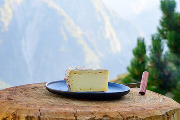 Cheese collection, French tomme de savoie or tome des bauges cheese served outdoor with Alpine mountains peaks on background