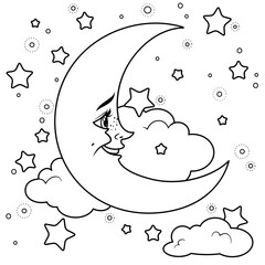 Cartoon smiling moon with clouds outlined for coloring on a white background