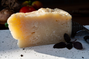 Cheese collection, aged hard Italian sheep cheese black pecorino from Sicily island or pecorino...