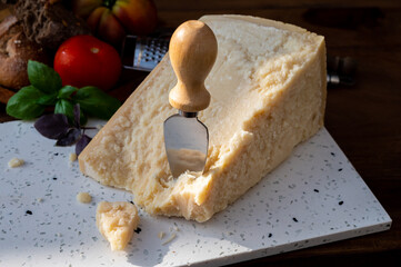 Cheese collection, hard yellow Italian cheese parmesan or parmigiano reggiano