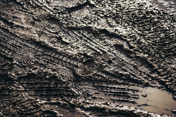 Photo of dirt after rainy days with tires patterns .