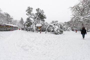 People enjoying the historical Snowtorm over Madrid city, Spain.