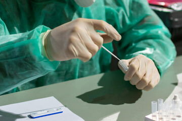 The medical worker conducting a Coronavirus COVID-19 NP OP swab sample test, by using nasal collection equipment. molecular nucleic acid diagnostic protocol.