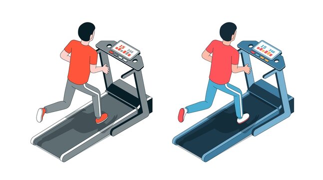 Man on treadmill. Running athlete. Fitness session. Limited color palette. Vector isometric illustration.