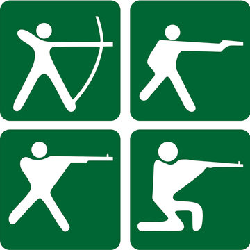 Sports illustration of field hockey, bandy, shooting sport, and skeet shooting