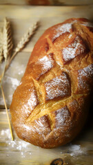 Selective focus. Fresh wheat bread on a wooden surface. Fresh loaf.