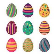 Happy Easter. Set of eggs with different texture on a white background. Spring holiday. Vector Illustration.