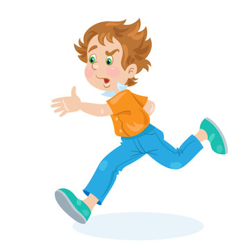 Funny boy is running. In cartoon style. Isolated on white background. Vector flat illustration.