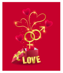 Happy Valentine's Day, wedding design. Realistic 3d festive decorative objects, heart shaped balloons and female and male symbols, glitter gold confetti. Holiday banner and poster, flyer 