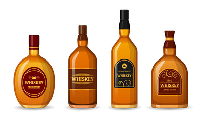 Fototapeta na wymiar Set of Whiskey Bottles labeled. Alcohol Design Elements on White Background.