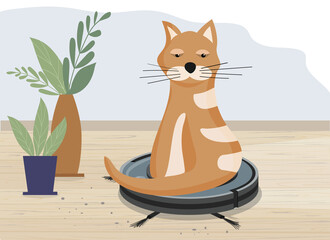 Smart robot vacuum cleaner. Modern intelligent household appliances for cleaning the apartment. Cat sitting on a working vacuum cleaner, and riding on it. Cleaning and home and favorite cute pets