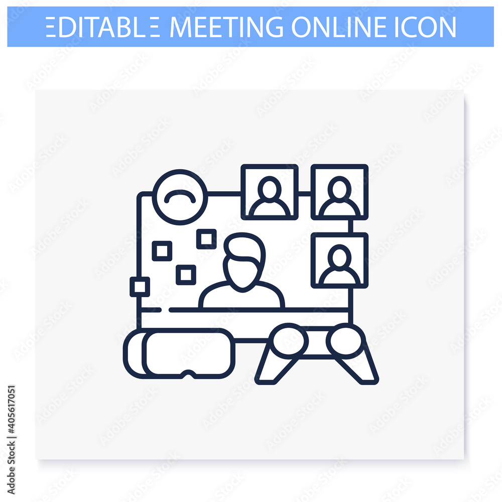 Poster virtual group play line icon. meeting together concept. internet live streaming website. social dist