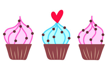 Cute Tasty Cupcake n Doodle Style. Isolated objects perfect for card or romantic post cards