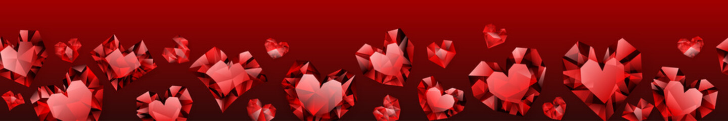 Banner of hearts made of crystals witn shadows on red background