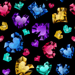 Seamless pattern of multicolored hearts made of crystals witn shadows on black background