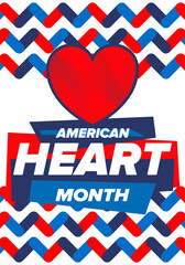 Fototapeta premium American Heart Month in United States. Celebrate annual in February. Nationwide problem of heart and blood vessel diseases. Medical healthcare concept. Support and protection campaign. Vector poster