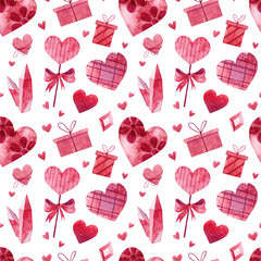 Seamless pattern with hand painted watercolor valentine's day symbols