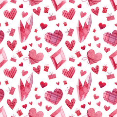Seamless pattern with hand painted watercolor valentine's day symbols