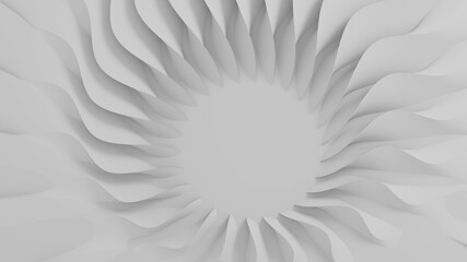 Modern abstract parametric three-dimensional background of a set of wavy white three-dimensional petals converging in a cent. 3D illustration