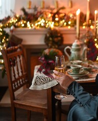 Table served for Christmas dinner in living room