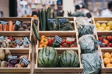Fototapeta Fresh fruit and vegetables on sale at a market. obraz
