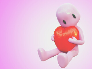 3D RENDER ILLUSTRATION. CLIPPING PATH on MAIN OBJECT. cartoon character sweets toy human hug valentine day love beautiful red heart balloon pillow. Copy space for add text on pink pattern background.