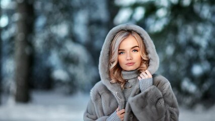 Fashionable woman posing in fur coat at winter forest. Medium close up shot on 4k RED camera
