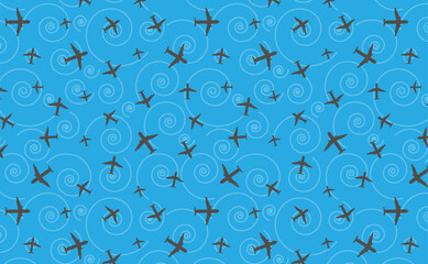 original pattern with airplanes for travelers with abstract spirals on the background