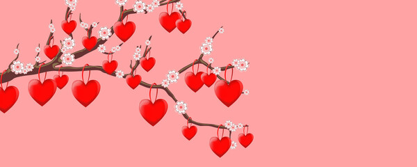 Beautiful background for postcards and graphic works. A branch with pink flowers and red hearts on a pink background. Background, banner, space for text.