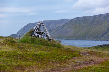 Wooden poles for Sami traditional shelter in tundra, Skarsvag, Northern Norway