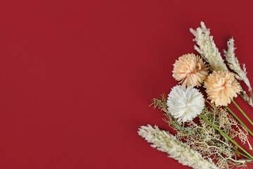 Flower bouquet with pampas grass and dahlia flowers in corner of dark red background