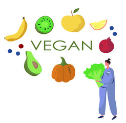 Nutrition Diet Plan.
Nutritionist Doctor or Dietitian Holding Clipboard with Diet Plan.Healthy Food and Diet Planning.Healthy Nutrition.Vegan Eating.Protein Products for Keto Diet.Vector Illustration