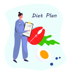 Nutrition Diet Plan.
Nutritionist Doctor or Dietitian Holding Clipboard with Diet Plan.Healthy Food and Diet Planning.Healthy Nutrition.Vegan Eating.Protein Products for Keto Diet.Vector Illustration