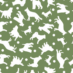 Seamless pattern with white silhouettes of different dog breeds on a green background