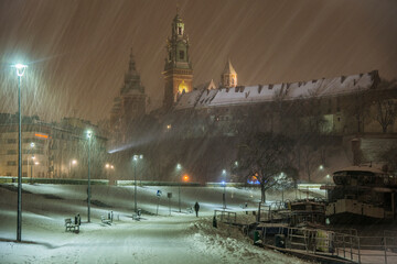 Wawel Royal Castle at snow storm, Krakow, Poland 