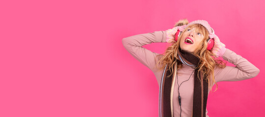 adult woman with headphones dancing on isolated