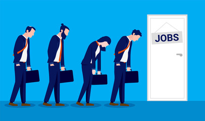 Unemployment line - Sad business people looking for work outside door with the word jobs. Unemployed concept. Vector illustration.