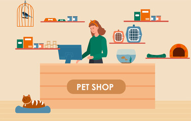 Female character is working at a counter in a pet shop. Small business owner at work. Concept of accessories for animals care, food, cage, collars. Flat cartoon vector illustration