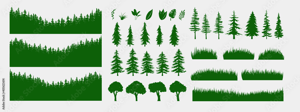 Poster forest vector set - collection of trees grass and plants to create your own scene and background.