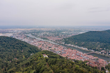 Fototapeta na wymiar Aerial drone shot of Heidelberg in overcast summer noon