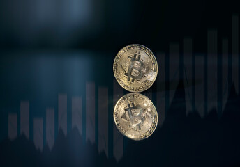 Bitcoin. Crypto currency Gold Bitcoin, BTC, Bit Coin. Macro shot of Bitcoin coins isolated on black background Blockchain technology, bitcoin mining concept. 3d rendering
