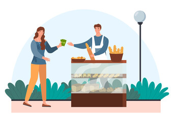 Female character is buying fresh loaf of bread at the stall. Man is selling fresh pastry, counter with flour confectionery. Flat cartoon vector illustration