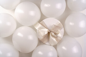 White gift box with white ribbon and balloon on white background. minimal weeding  concept,Greeting card.