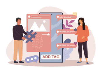 Male and female characters adding hashtags under photo in social media on smartphone. Man and woman tagging their photos to reach more people. Flat cartoon vector illustration